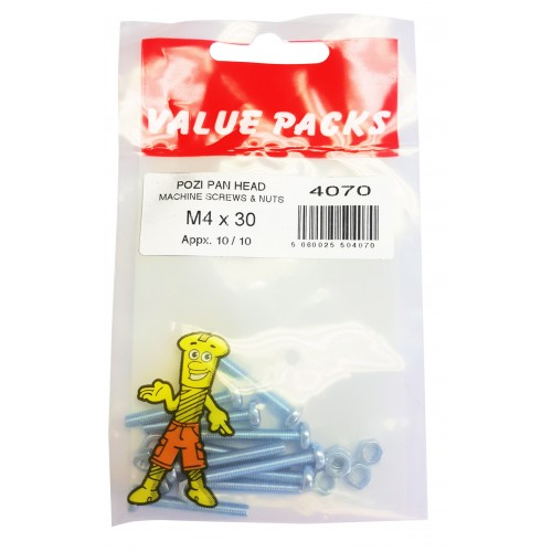 Pozi Pan Head Machine Screws & Nuts M4 x 30mm 10pk Pozi Pan Head Machine Screws & Nuts M4 x 30mm 10pk